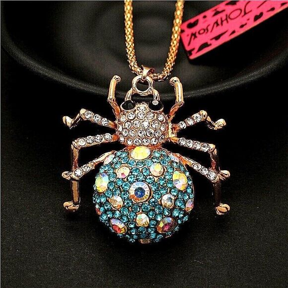 NEW Betsey Johnson Necklace Blue Rhinestone Spider Gold Chain NWT - Picture 6 of 10